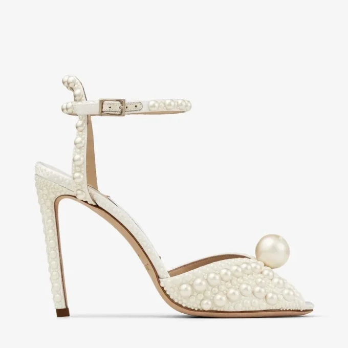 Sacora 100 White Satin Sandals with All over Pearls