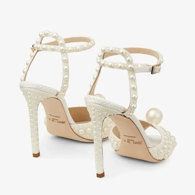 Sacora 100 White Satin Sandals with All over Pearls