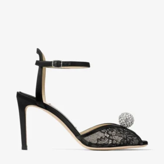 Sacora 85 Black Lace Sandals with Crystal-Embellished Sphere