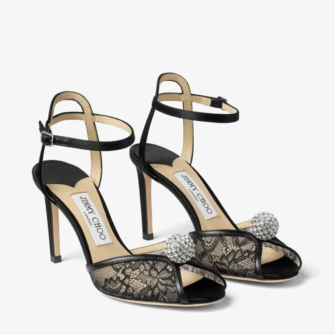 Sacora 85 Black Lace Sandals with Crystal-Embellished Sphere
