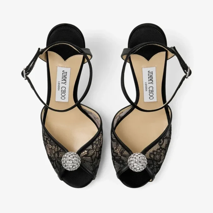 Sacora 85 Black Lace Sandals with Crystal-Embellished Sphere