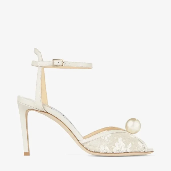 Sacora 85 Ivory Floral Lace Sandals with Pearl Detail