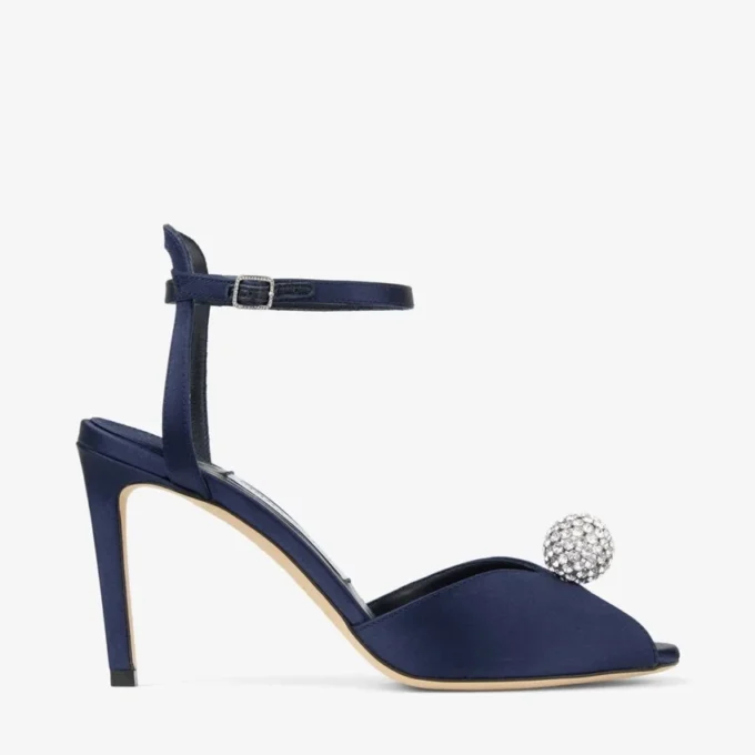 Sacora 85 Marine Satin Sandals with Crystal-Embellished Sphere