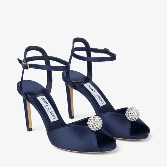 Sacora 85 Marine Satin Sandals with Crystal-Embellished Sphere