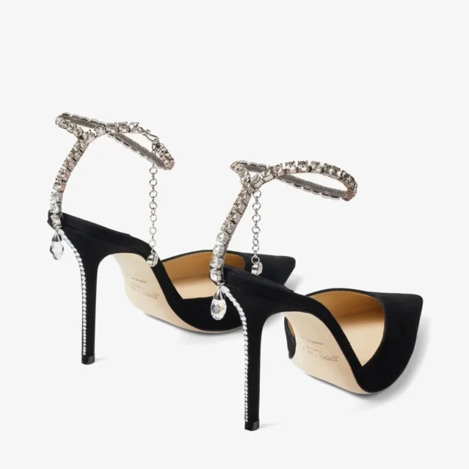 Saeda 100 Black Suede Pumps with Crystal Embellishment