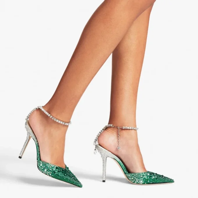 Saeda 100 Emerald Satin Pumps with Crystals