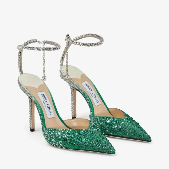 Saeda 100 Emerald Satin Pumps with Crystals