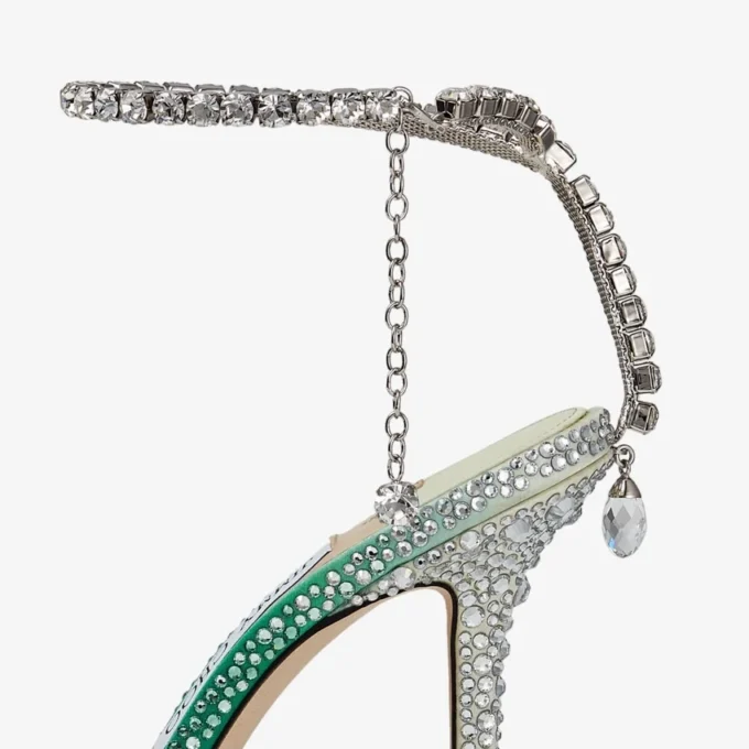 Saeda 100 Emerald Satin Pumps with Crystals
