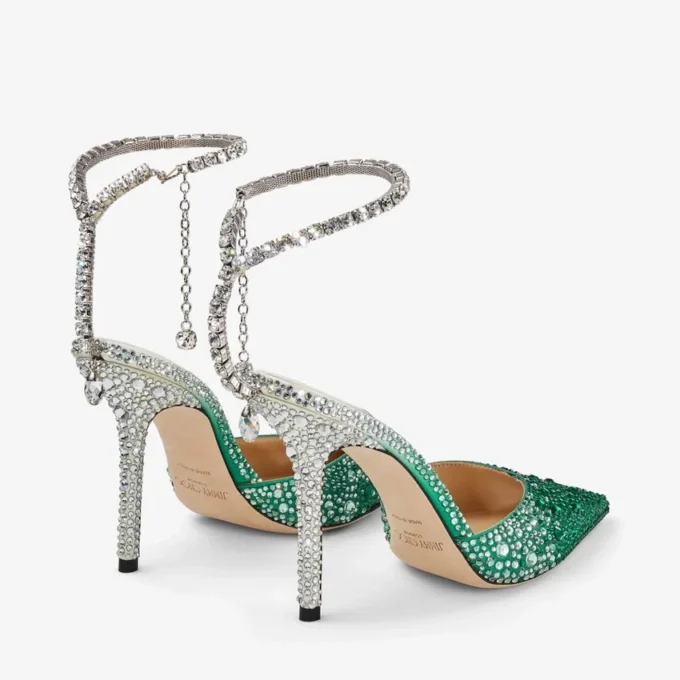 Saeda 100 Emerald Satin Pumps with Crystals