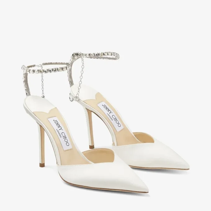 Saeda 100 Ivory Satin Pumps with Crystal Embellishment