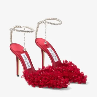 Saeda 100 Ruby Red Mesh Pumps with Petal Embroidery