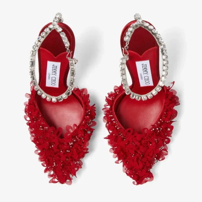 Saeda 100 Ruby Red Mesh Pumps with Petal Embroidery