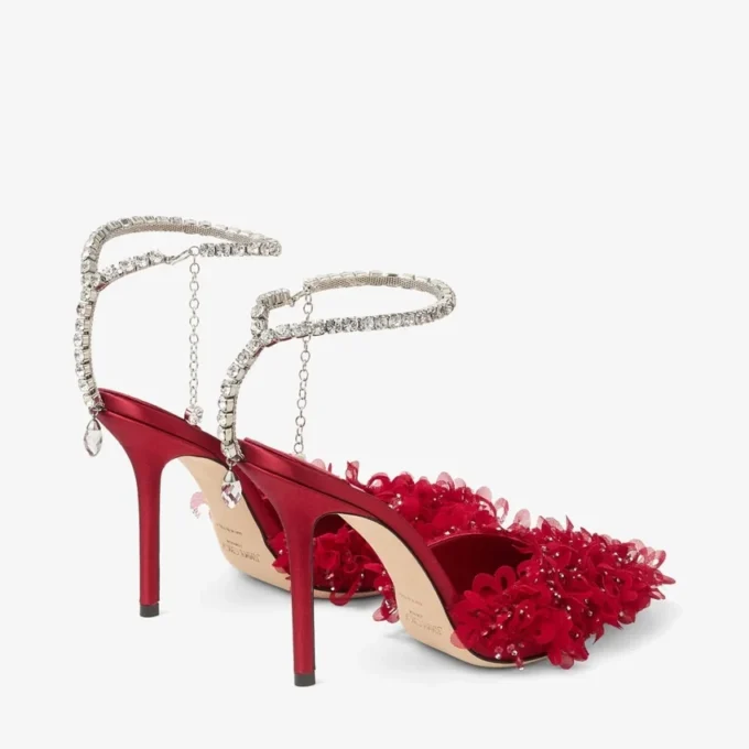 Saeda 100 Ruby Red Mesh Pumps with Petal Embroidery