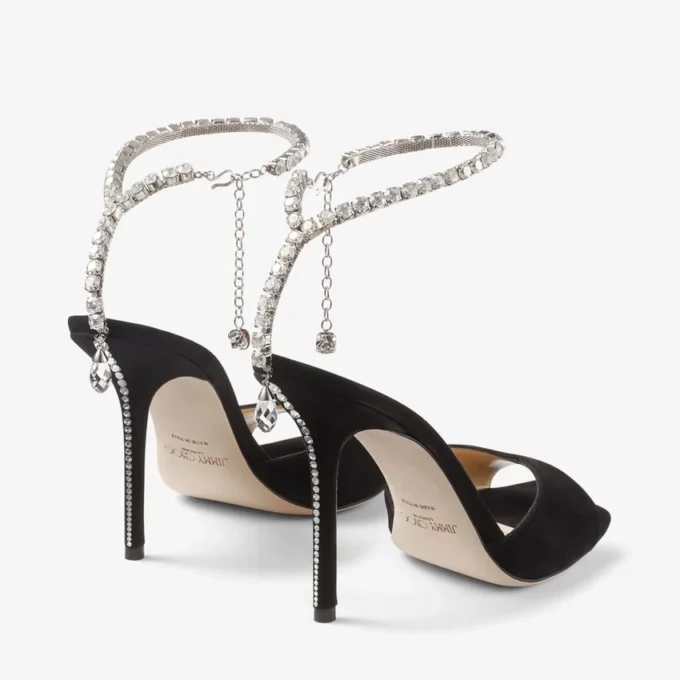 Saeda Sandal 100 Black Suede Sandals with Crystal Embellishment