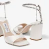 Saeda Sandal Block Heel 85 Ivory Satin Block Heel Sandals with Crystal Chain