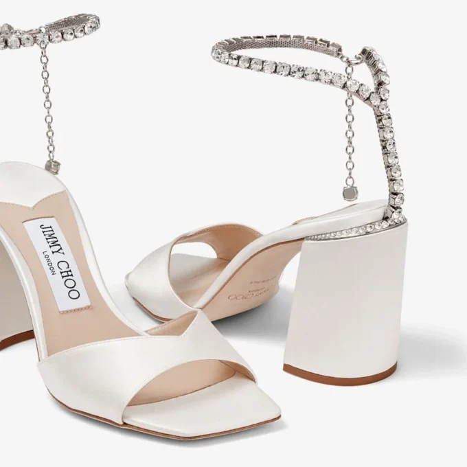 Saeda Sandal Block Heel 85 Ivory Satin Block Heel Sandals with Crystal Chain