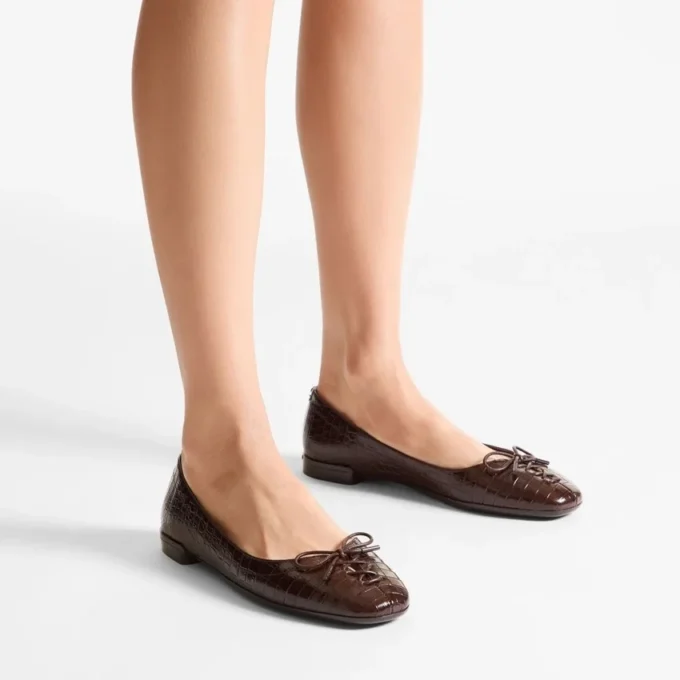 Scarlett Ballerina Chocolate Croc Embossed Leather Ballerina Flats