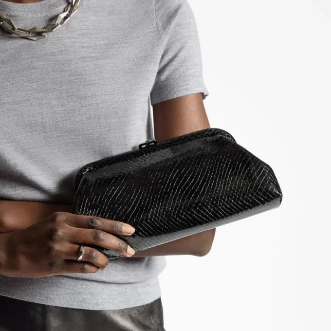 Skylar Black Shiny Snake Printed Leather Clutch with Square Jc Clasp