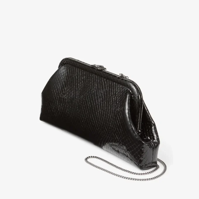 Skylar Black Shiny Snake Printed Leather Clutch with Square Jc Clasp