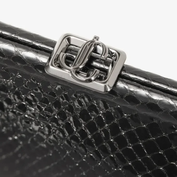 Skylar Black Shiny Snake Printed Leather Clutch with Square Jc Clasp