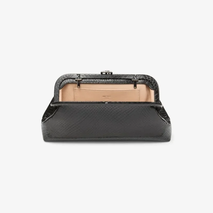 Skylar Black Shiny Snake Printed Leather Clutch with Square Jc Clasp