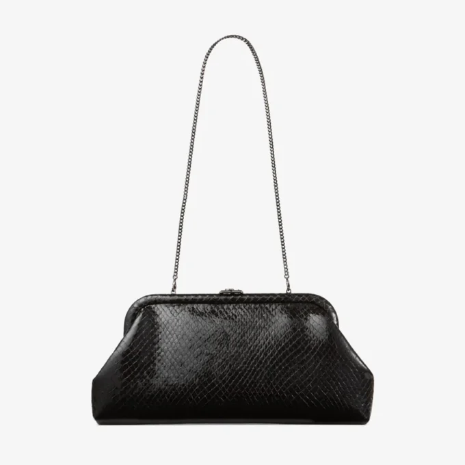 Skylar Black Shiny Snake Printed Leather Clutch with Square Jc Clasp