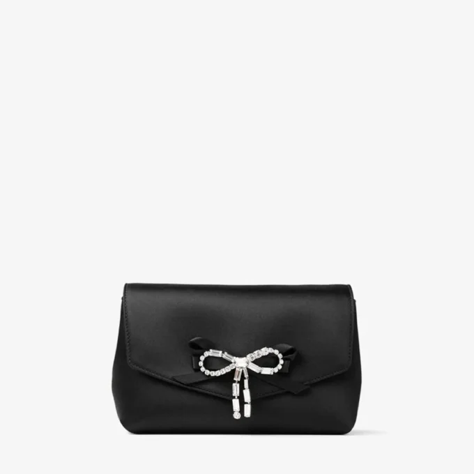 Soft Bow Mini Bag Black Satin Mini Bag with Crystal Bow