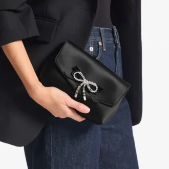 Soft Bow Mini Bag Black Satin Mini Bag with Crystal Bow