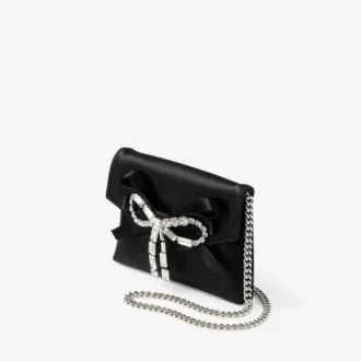 Soft Card Holder with Chain Black Satin Cardholder with Crystal Bow