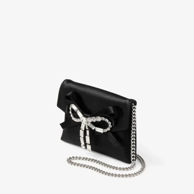 Soft Card Holder with Chain Black Satin Cardholder with Crystal Bow