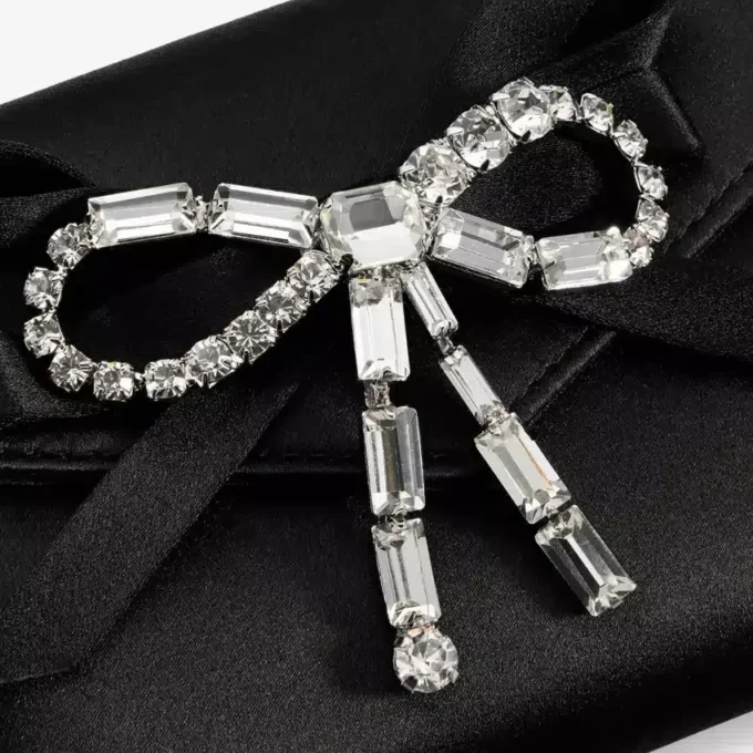 Soft Card Holder with Chain Black Satin Cardholder with Crystal Bow