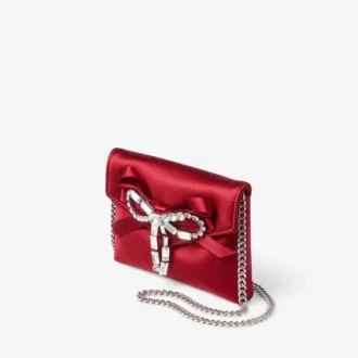 Soft Card Holder with Chain Ruby Red Satin Cardholder with Crystal Bow