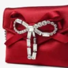 Soft Card Holder with Chain Ruby Red Satin Cardholder with Crystal Bow