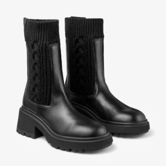 Tamia Flat Black Shiny Calf Leather Ankle Boots with Cable Knit