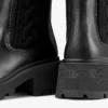 Tamia Flat Black Shiny Calf Leather Ankle Boots with Cable Knit