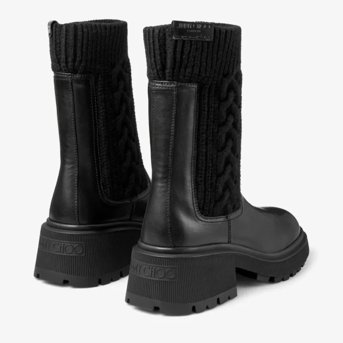 Tamia Flat Black Shiny Calf Leather Ankle Boots with Cable Knit