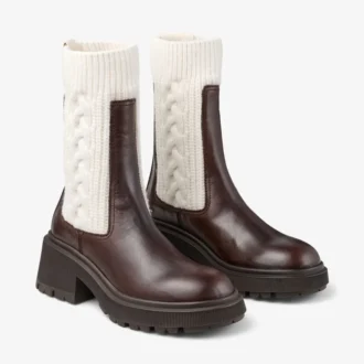 Tamia Flat Chocolate Shiny Calf Leather Ankle Boots with Cable Knit