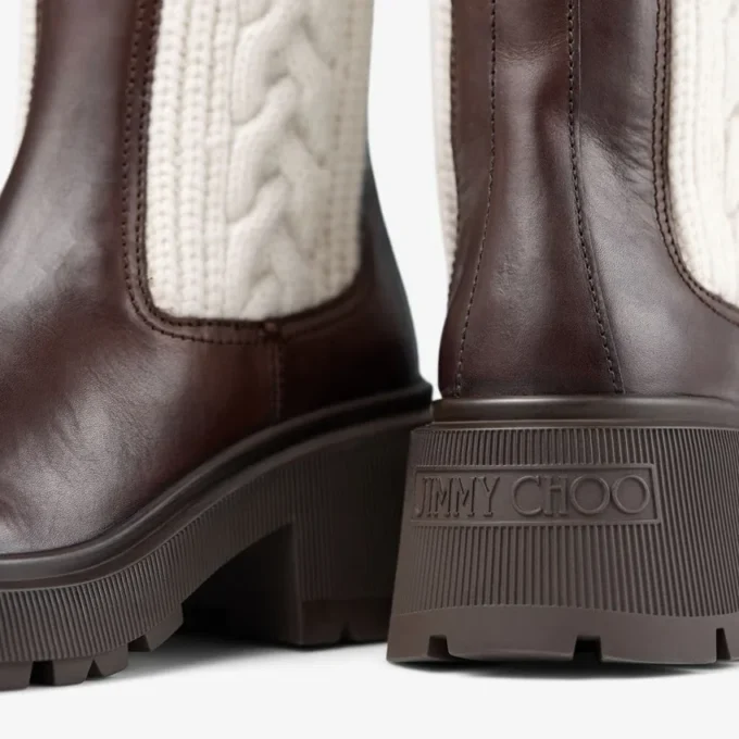 Tamia Flat Chocolate Shiny Calf Leather Ankle Boots with Cable Knit