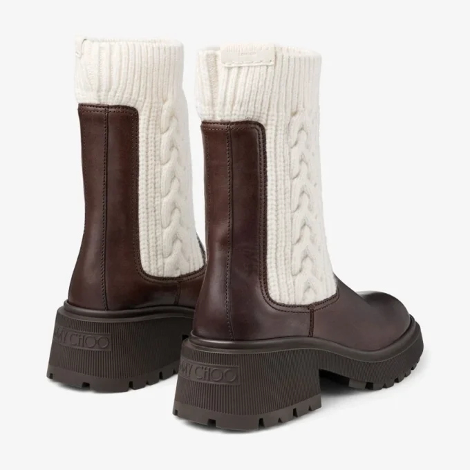 Tamia Flat Chocolate Shiny Calf Leather Ankle Boots with Cable Knit