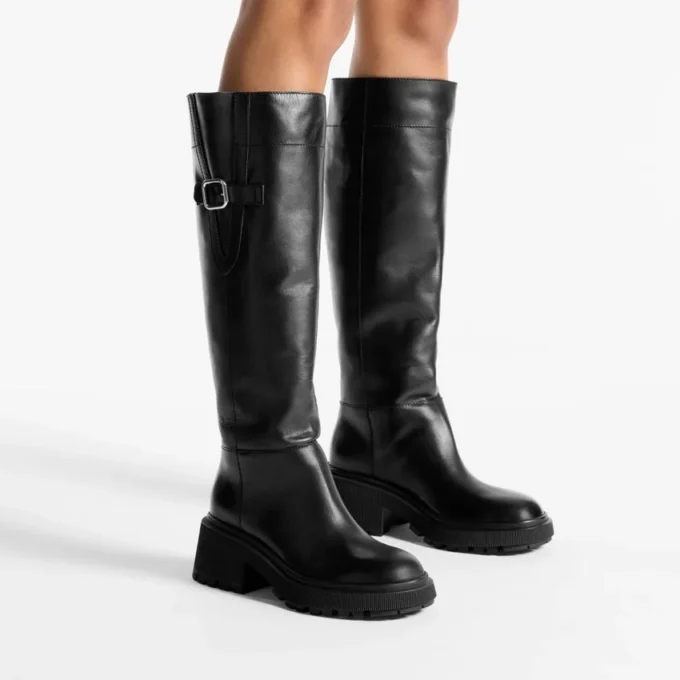 Tamsin Knee Boot Flat Black Shiny Calf Leather Knee High Boot