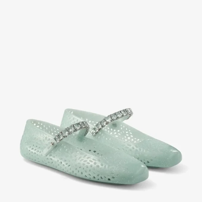 The Jelly Light Verde Jelly Ballerina Flats with Crystal Embellishment
