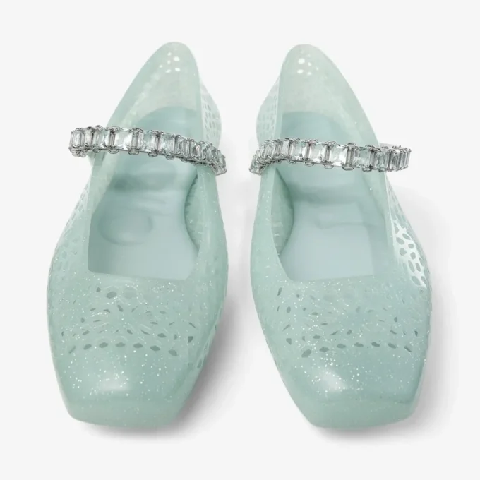The Jelly Light Verde Jelly Ballerina Flats with Crystal Embellishment