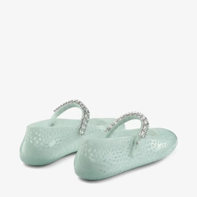 The Jelly Light Verde Jelly Ballerina Flats with Crystal Embellishment