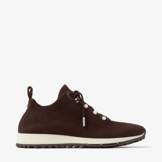 Veles Chocolate Cashmere Melange Knit Trainers with Pearl Buttons