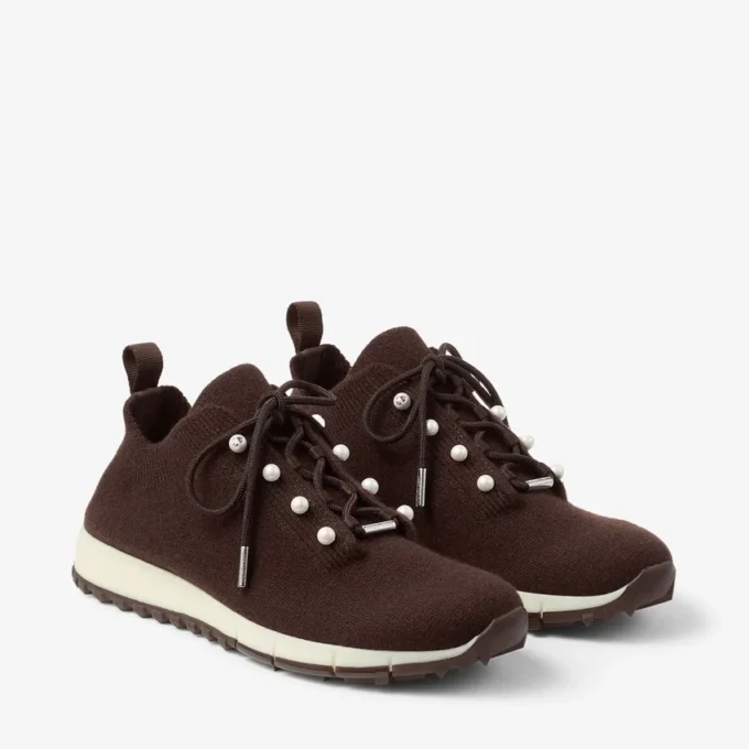 Veles Chocolate Cashmere Melange Knit Trainers with Pearl Buttons