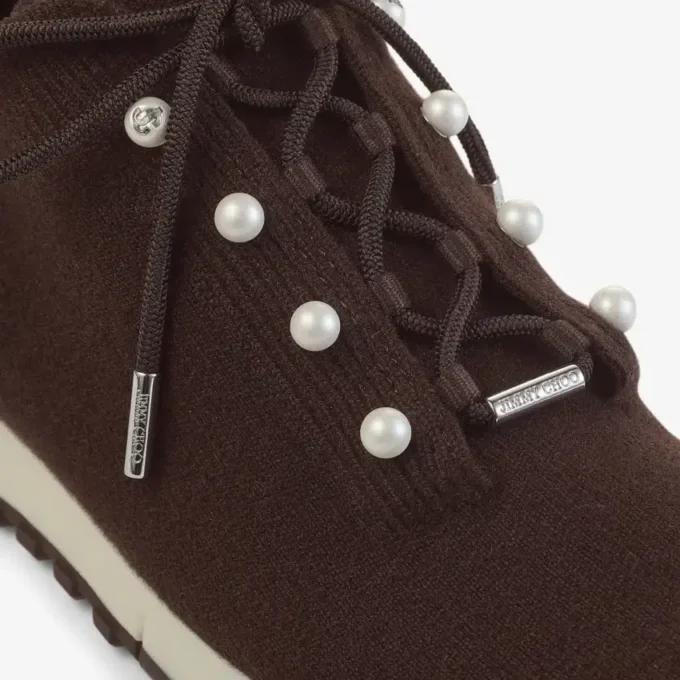 Veles Chocolate Cashmere Melange Knit Trainers with Pearl Buttons