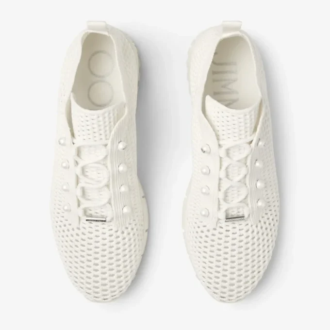 Veles Latte Crochet Knit Low-Top Trainers with Pearls