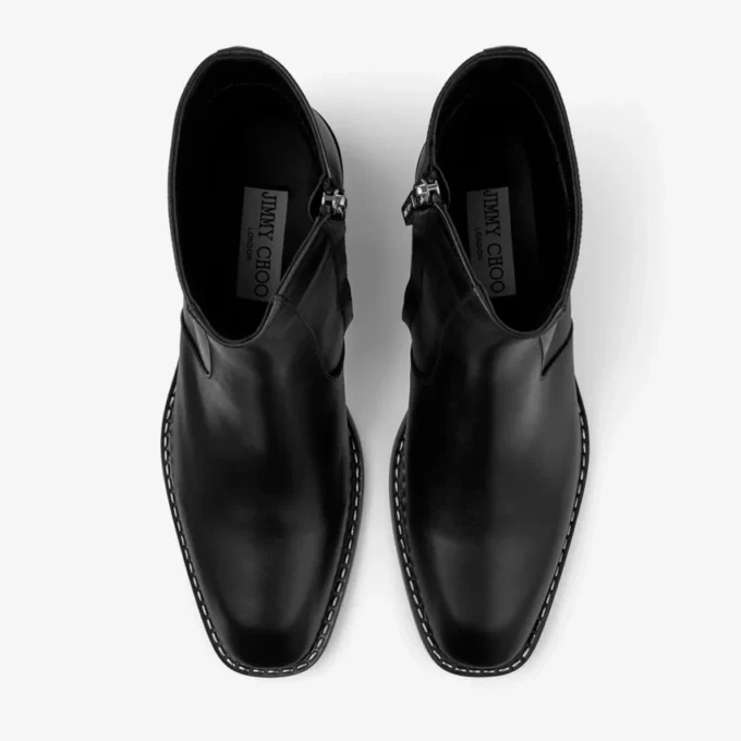 Wilder Boot Black Calf Leather Ankle Boots with Metal Detail