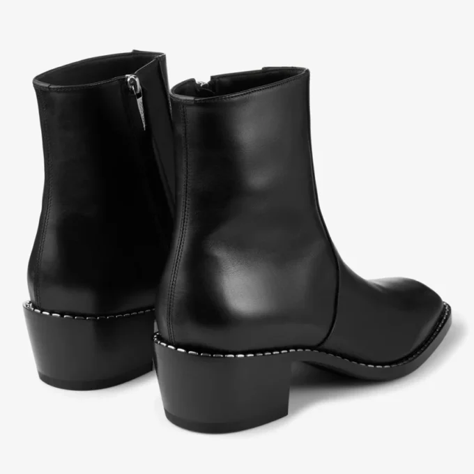 Wilder Boot Black Calf Leather Ankle Boots with Metal Detail