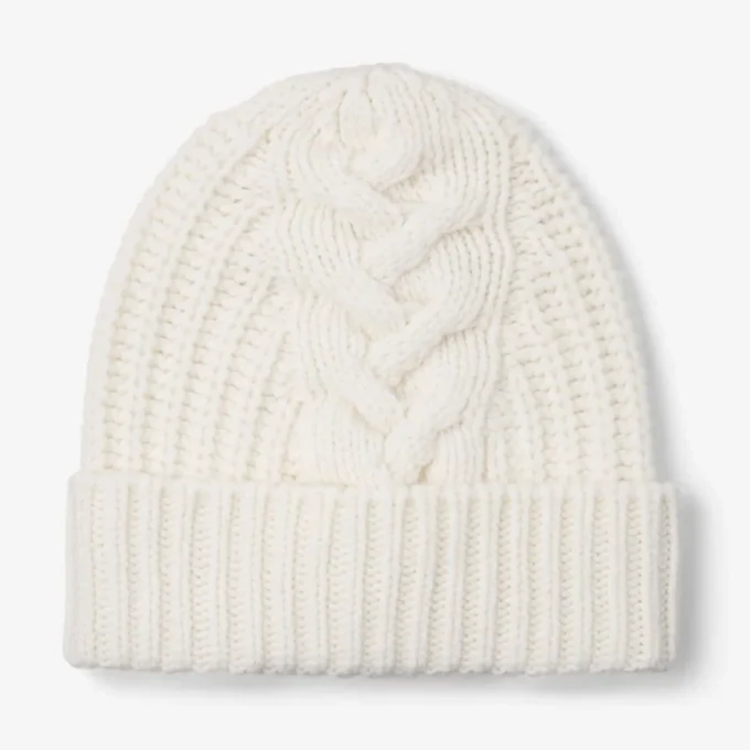 Yuki Cable Latte Cable Knit Beanie with Leather Logo Tag